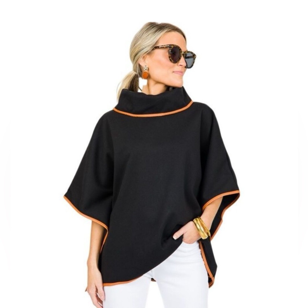 Tuckernuck Black Leather Trim Funnel Neck Piper Poncho One Size Preppy Fall